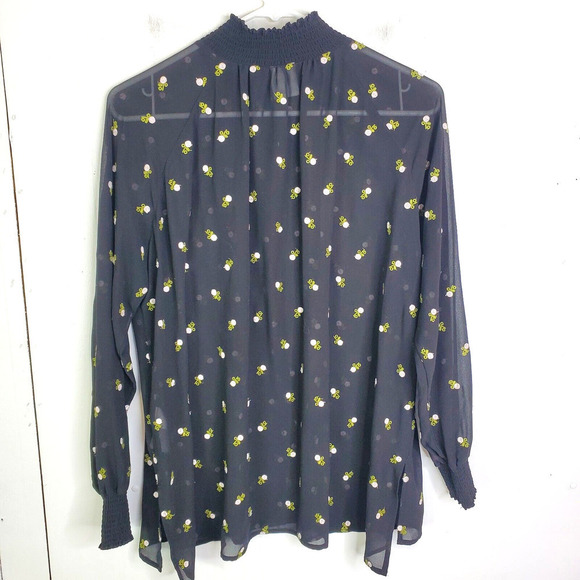 CAbi Blouse Womens S Embroidered Contrast Florals Smocked High Neck Dark Sheer - Picture 9 of 9